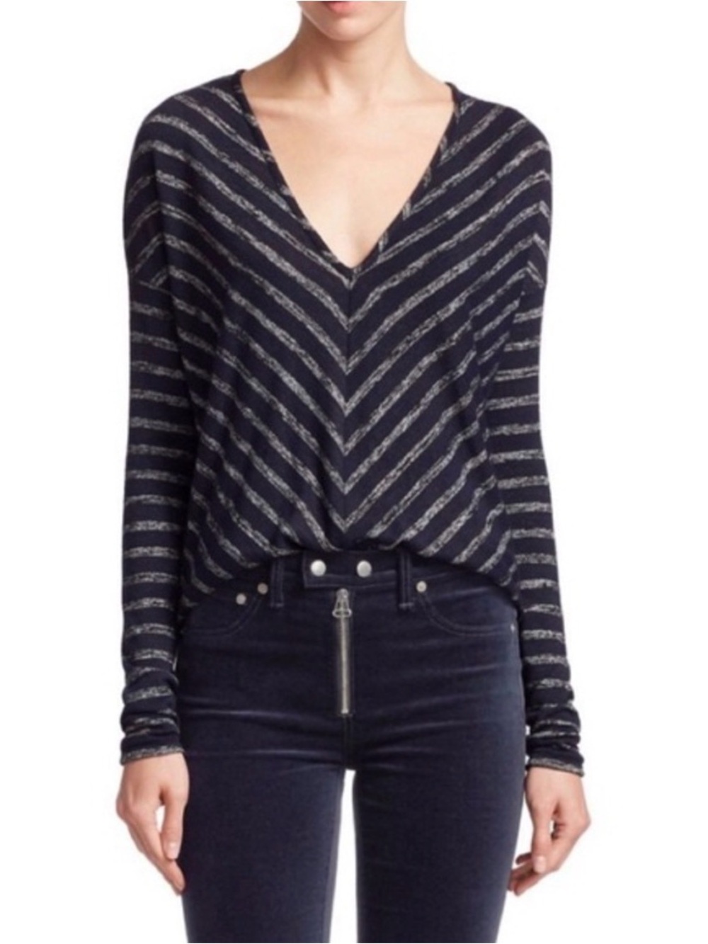 Rag & Bone Hudson Navy Gray Chevron Stripe V-Neck Long Sleeve Top Size S